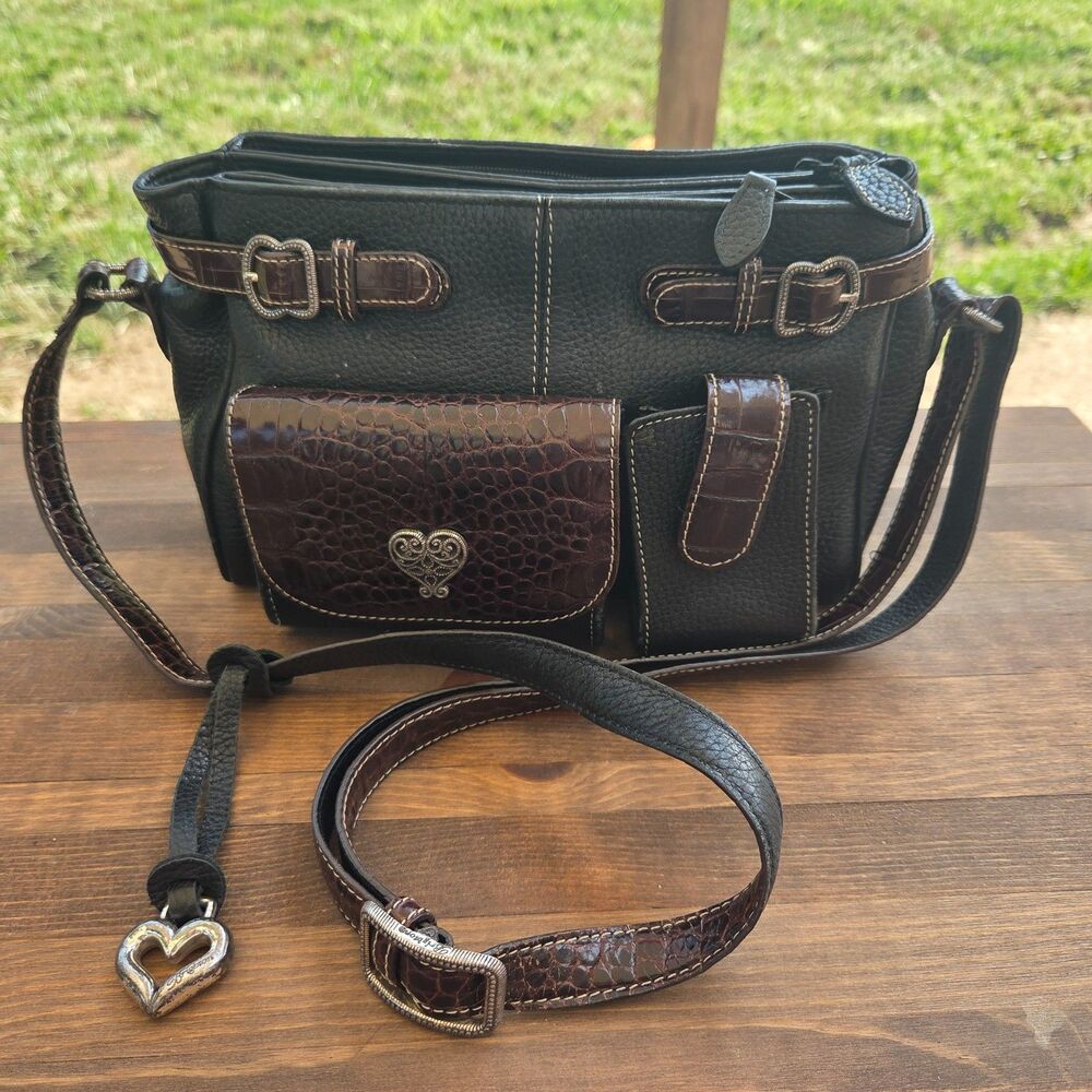 Vintage Brighton Black Leather Brown Croc Crossbody Organizer Bag Heart